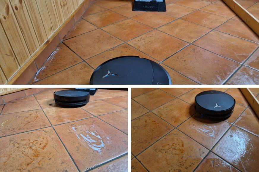 ECOVACS DEEBOT T90 PRO OMNI wischt Kaffeefleck auf Hartboden in einem Durchgang